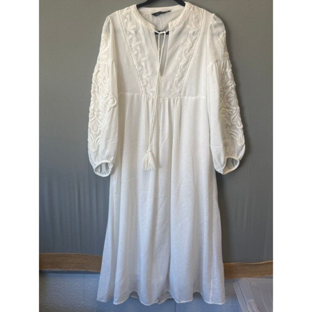 Zara Woman Embroidered Midi Dress Size S White Balloon Sleeve Tassel Boho India